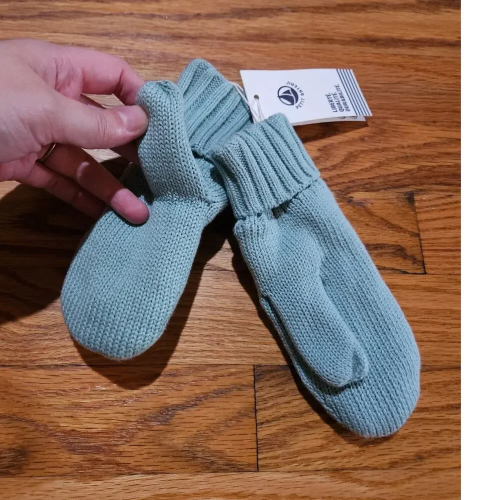 NWT! Petit Bateau Minty Green Organic Cotton Yarn Mittens Size 6-8 Girl or Boy